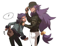 Rule 34 | !, 2boys, baseball cap, black pants, bright pupils, brothers, closed mouth, commentary request, creatures (company), dark-skinned male, dark skin, eyelashes, facial hair, fur-trimmed jacket, fur trim, game freak, gen 5 pokemon, hat, highres, hop (pokemon), jacket, korean commentary, leon (pokemon), long hair, long sleeves, male focus, multiple boys, nintendo, notice lines, open mouth, pants, pokemon, pokemon (creature), pokemon swsh, pokemon tail, purple hair, redlhzz, short hair, siblings, simple background, smile, spoken exclamation mark, tail, teeth, white background, white pants, white pupils, yellow eyes, zorua
