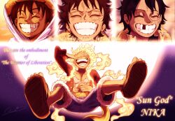 Rule 34 | 1boy, alternate form, black hair, closed eyes, covering own eyes, english text, facial scar, fiery hair, full body, full moon, gear fifth, hat, highres, male focus, maria (yoru chii), monkey d. luffy, moon, night, night sky, one piece, open mouth, outdoors, sandals, scar, scar on cheek, scar on chest, scar on face, sky, smile, solo, straw hat, teeth