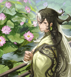 Rule 34 | 1boy, ashiya douman (fate), asymmetrical hair, black hair, closed mouth, commentary, curly hair, earrings, english commentary, fate/grand order, fate (series), fence, fingernails, flower, green kimono, green nails, grey eyes, hair between eyes, hand up, highres, japanese clothes, jewelry, kimono, lily pad, looking at viewer, looking back, magatama, magatama earrings, male focus, multicolored hair, nail polish, outdoors, pink flower, pond, ripples, sharp fingernails, smile, solo, split-color hair, upper body, water, water lily flower, white hair, zuraa (naunau seijin)