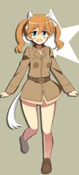 Rule 34 | 1girl, animal ears, belt, blue eyes, blush, bottomless, cat ears, cat tail, francie gerard, full body, glastonbury1966, horse girl, leg up, long sleeves, military, military uniform, open mouth, orange hair, shoes, smile, solo, standing, standing on one leg, star (symbol), strike witches, tail, twintails, uniform, world witches series