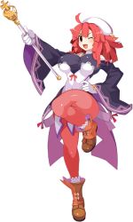 Rule 34 | 1girl, baton, boots, breasts, brown footwear, coattails, disgaea, disgaea rpg, full body, gloves, hand on own hip, headdress, holding, holding weapon, huge breasts, impossible clothes, la pucelle, large breasts, leg up, long sleeves, medium hair, official art, one eye closed, open mouth, outstretched arm, pantyhose, photoshop (medium), pink hair, prier, red eyes, solo, traditional media, transparent background, weapon, white gloves, wide sleeves