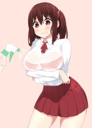 Rule 34 | 10s, 1girl, batsu, blush, bottle, bra, breast hold, breasts, brown eyes, brown hair, commentary request, ebina nana, himouto! umaru-chan, large breasts, pink background, pleated skirt, red eyes, school uniform, see-through, simple background, skirt, spray bottle, sweatdrop, twintails, underwear, wavy mouth