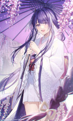 Rule 34 | 1girl, braid, braided ponytail, breasts, coyucom, genshin impact, hair ornament, highres, japanese clothes, kimono, large breasts, long hair, looking at viewer, makoto (genshin impact), mole, mole under eye, open mouth, purple eyes, purple hair, smile, solo, thighs, very long hair