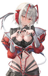 1girl absurdres antenna_hair arknights blush breasts cleavage commentary cowboy_shot fingernails grey_hair hands_up heart heart_hands highres jacket large_breasts looking_at_viewer multicolored_hair nail_polish navel o-ring off_shoulder orange_eyes own_hands_together red_hair red_jacket red_nails shitomu1 short_hair_with_long_locks simple_background skindentation solo standing strap streaked_hair tail tail_raised w_(arknights) white_background wis&#039;adel_(arknights)