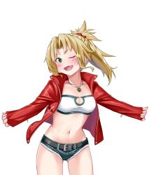 Rule 34 | 1girl, ;d, bandeau, blonde hair, blush, braid, breasts, cleavage, collarbone, commentary request, cowboy shot, cutoffs, fang, fate/grand order, fate (series), green eyes, hair ornament, hair scrunchie, head tilt, jacket, jewelry, long hair, long sleeves, looking at viewer, medium breasts, micro shorts, midriff, mizumok1, mordred (fate), mordred (fate/apocrypha), mordred (memories at trifas) (fate), navel, necklace, one eye closed, open mouth, ponytail, red jacket, red scrunchie, scrunchie, shorts, simple background, skin fang, small breasts, smile, solo, standing, stomach, strapless, thighs, tube top, white background
