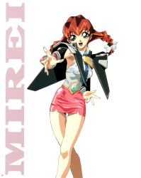 Rule 34 | 1990s (style), 1girl, armpits, bare legs, between breasts, braid, breasts, bridal gauntlets, brown eyes, brown hair, fang, fingernails, gloves, groin, highres, legs, long fingernails, long hair, looking at viewer, miniskirt, mirei (virus buster serge), nail, nail polish, narrow waist, necktie, necktie between breasts, official art, oobari masami, open mouth, panties, pantyshot, pencil skirt, pink nails, pointing, police, police uniform, retro artstyle, simple background, skirt, smile, solo, standing, twin braids, twintails, underwear, uniform, upskirt, virus buster serge, white background, white panties