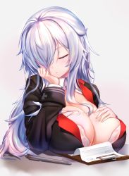Rule 34 | 1girl, azur lane, bra, breast rest, breasts, cleavage, closed eyes, closed mouth, fur trim, graf zeppelin (azur lane), hair between eyes, hand on own chest, head on hand, highres, large breasts, long hair, military, military uniform, pen, silver hair, sleeping, solo, underwear, uniform, very long hair, west 24, white bra