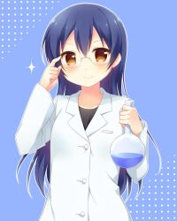 Rule 34 | 1girl, adjusting eyewear, arm up, blue background, blue hair, blush, closed mouth, commentary request, flask, glasses, hair between eyes, hazuki (sutasuta), highres, holding, lab coat, long hair, long sleeves, looking at viewer, love live!, love live! school idol festival, love live! school idol project, rimless eyewear, round-bottom flask, simple background, smile, solo, sonoda umi, upper body, yellow eyes