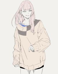 Rule 34 | 1girl, cei (sohin), cowboy shot, fang, long hair, long sleeves, looking to the side, open mouth, original, partially colored, pink hair, shirt, shirt under shirt, short shorts, shorts, sleeves past wrists, smile, sohin, solo, standing