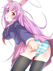 Rule 34 | 1girl, animal ears, ass, ass grab, blazer, blush, breasts, cameltoe, deep skin, from behind, from below, highres, jacket, large breasts, leaning, leaning forward, long hair, looking at viewer, naho-chan, open mouth, panties, purple hair, rabbit ears, red eyes, reisen udongein inaba, shiny skin, sideboob, skirt, solo, striped clothes, striped panties, thighhighs, touhou, underwear, upskirt