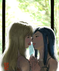 Rule 34 | 00s, 2girls, bare shoulders, blue hair, blush, camisole, closed eyes, couple, cpt, food, fujino shizuru, green eyes, hair between eyes, half-closed eyes, holding hands, ikeda (cpt), kuga natsuki, licking, light brown hair, lips, long hair, looking at another, multiple girls, my-hime, neck, popsicle, shared food, sidelocks, straight hair, sweat, swept bangs, tongue, tongue out, upper body, yuri