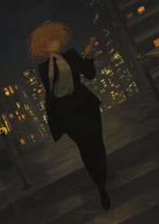 Rule 34 | 1girl, absurdres, black jacket, black nails, black necktie, blonde hair, blue eyes, cityscape, colored eyelashes, crabi, dutch angle, formal, hair ornament, highres, hololive, hololive english, jacket, nail polish, necktie, night, pants, shirt, short hair, solo, suit, twitter username, virtual youtuber, watch, watson amelia, white shirt, wristwatch