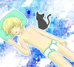 Rule 34 | 1boy, ahoge, blonde hair, blush, briefs, bulge, cat, child, chocoman2003, classic fly briefs, closed eyes, highres, lying, male focus, male underwear, navel, nipples, on back, open mouth, original, pillow, short hair, simple background, sleeping, solo, topless male, underwear, white briefs