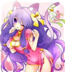 Rule 34 | 1girl, animal ears, bell, breasts, cat ears, cat girl, cat tail, chinese clothes, cleavage, curvy, dress, female focus, fulunukko, hair ornament, hair ribbon, large breasts, leaning forward, long hair, navel, purple eyes, purple hair, ranma 1/2, ribbon, shampoo (ranma 1/2), solo, standing, tail, wink