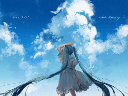 Rule 34 | 1girl, 2022, absurdly long hair, arm up, blue hair, blue sky, character name, cloud, dated, dress, floating hair, from behind, grey dress, hatsune miku, highres, lililito1026, long hair, sky, solo, standing, sundress, twintails, very long hair, vocaloid