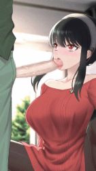 Rule 34 | 1boy, 1girl, animated, animated gif, artist request, black hair, blush, censored, fellatio, long hair, lowres, oral, penis, red eyes, red sweater, spy x family, sweater, twilight (spy x family), yor briar