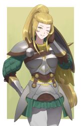 Rule 34 | 1girl, armor, belt, blonde hair, border, breastplate, brown gloves, commentary, commission, english commentary, eyelashes, faulds, fire emblem, fire emblem engage, gauntlets, gloves, green background, green skirt, hand on own hip, high ponytail, highres, jade (fire emblem), leggings, long hair, looking at viewer, nintendo, one eye closed, outside border, pleated skirt, shou illust, shoulder armor, simple background, skirt, smile, solo, standing, teeth, white border, white leggings, yellow eyes