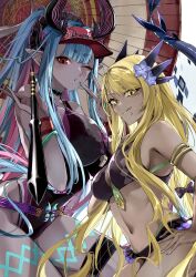 Rule 34 | 2girls, armlet, bare shoulders, bikini, black bikini, black one-piece swimsuit, blonde hair, blue hair, body markings, breasts, cleavage, colored skin, dark-skinned female, dark skin, dragon girl, dragon horns, dragon tail, facial mark, fate/grand order, fate (series), grey skin, hat, highleg, highleg swimsuit, highres, horns, ibuki douji (fate), ibuki douji (swimsuit berserker) (fate), ibuki douji (swimsuit berserker) (first ascension) (fate), kino kokko, large breasts, licking lips, lip piercing, long hair, looking at viewer, multicolored hair, multiple girls, navel, oil-paper umbrella, one-piece swimsuit, one eye closed, oni, open mouth, piercing, pink hair, pink hat, pink one-piece swimsuit, pointy ears, ponytail, red eyes, sidelocks, smile, swept bangs, swimsuit, tail, thigh strap, thighs, tongue, tongue out, two-tone swimsuit, umbrella, visor cap, vritra (fate), vritra (ocean flyer) (fate), yellow eyes