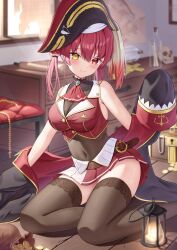 Rule 34 | 1girl, bicorne, black hat, black leotard, black thighhighs, blurry, blurry background, breasts, cleavage, coat, coin, covered collarbone, covered navel, cropped jacket, foot out of frame, hat, heterochromia, highres, hololive, houshou marine, houshou marine (1st costume), kag tsukimi, lamp, large breasts, leotard, long hair, looking at viewer, pirate hat, red eyes, red hair, see-through, see-through leotard, skull, sleeveless, sleeveless jacket, solo, table, thighhighs, twintails, yellow eyes