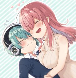 Rule 34 | 1boy, 1girl, age difference, aqua background, aqua hair, black jacket, blush, breast press, breasts, child, closed eyes, closed mouth, collared shirt, dutch angle, embarrassed, flying sweatdrops, hair between eyes, headphones, heads together, heart, hetero, highres, holding another&#039;s arm, hug, jacket, large breasts, long hair, nei (os), onee-shota, open mouth, original, os (os fresa), outline, partially unbuttoned, pink hair, pointy ears, ribbed sweater, shirt, short hair, sidelocks, sleeveless, sleeveless sweater, smile, souta (os), striped, striped background, sweater, turtleneck, turtleneck sweater, upper body, wavy mouth, white outline, white shirt