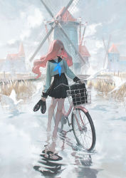 Rule 34 | 1girl, bag, bicycle, bird, black skirt, blue neckerchief, cloud, drinking straw, drinking straw in mouth, feet in water, hair over one eye, highres, holding, holding shoes, juice box, long hair, neckerchief, original, outdoors, pink hair, reflection, reoen, sailor collar, school bag, school uniform, shirt, shoes, skirt, sky, solo, wading, water, water wheel, wavy hair, white shirt, windmill