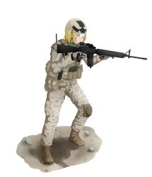 Rule 34 | 1girl, absurdres, aimpoint, angled foregrip, assault rifle, battlefield (series), battlefield 3, blonde hair, boots, camouflage, combat boots, eotech, gloves, gun, helmet, highres, m16, m16a4, m16a4 (upotte!!), military, military operator, military uniform, revision, rifle, soap971, solo, uniform, united states marine corps, upotte!!, weapon