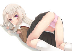 Rule 34 | 1girl, accidental exposure, ass, bad anatomy, blush, bow, bow panties, cameltoe, clothes lift, embarrassed, fate/kaleid liner prisma illya, fate (series), flat ass, highres, homurahara academy school uniform, illyasviel von einzbern, kneehighs, lace, lace-trimmed panties, lace trim, long hair, looking at viewer, looking back, panties, pink panties, red eyes, school uniform, skirt, skirt lift, socks, solo, toketou, top-down bottom-up, underwear, upskirt, white hair, white socks