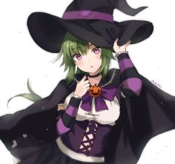 Rule 34 | 1girl, :o, black cape, black choker, black skirt, bow, bowtie, cape, choker, commentary, commission, corset, english commentary, green hair, hand on headwear, hands up, hat, long hair, long sleeves, looking at viewer, mochii, pleated skirt, purple eyes, shinrai, signature, simple background, skirt, solo, upper body, white background, witch hat