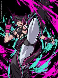 Rule 34 | 1girl, absurdres, apoloniodraws, black hair, bracelet, breasts, fingerless gloves, gloves, han juri, highres, ink, jewelry, large breasts, leg up, looking at viewer, martial arts belt, medium breasts, middle finger, multicolored hair, muscular, muscular female, pink eyes, ponytail, short hair, spiked bracelet, spikes, streaked hair, street fighter, street fighter 6, zipper