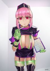Rule 34 | 1girl, absurdres, belt, bikini, black footwear, black hat, boots, breasts, clipboard, fate/grand order, fate (series), florence nightingale (fate), florence nightingale (trick or treatment) (fate), garter straps, gloves, green bikini, green gloves, green thighhighs, hat, highres, huitu xigai, indoors, large breasts, layered bikini, looking at viewer, microskirt, nurse cap, official alternate costume, pink belt, pink hair, purple belt, purple bikini, purple hat, red eyes, revealing clothes, rubber gloves, short sleeves, shrug (clothing), skirt, solo, swimsuit, thigh boots, thighhighs, thighhighs under boots