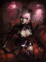 Rule 34 | alternate color, alternate costume, bear hair ornament, belt, black lips, bondage clothing, bondage gear, bondage outfit, boots, breasts, buckle, cleavage, couch, danganronpa: trigger happy havoc, danganronpa (series), enoshima junko, eyeliner, gloves, grey eyes, hair ornament, highres, jacket, jewelry, large breasts, leather, leather belt, leather boots, leather dress, leather gloves, leather jacket, long hair, looking at viewer, looking up, makeup, pale skin, pink hair, red background, ring, rope, thigh boots, thighhighs, twintails, unzipped, unzipped top, vezonia, whip, zipper, zipper pull tab