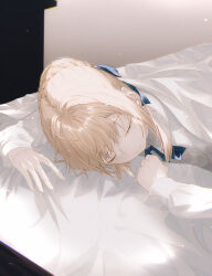 Rule 34 | 1girl, artoria pendragon (all), artoria pendragon (fate), blonde hair, blue bow, blue bowtie, bowtie, closed eyes, fate/stay night, fate (series), fov ps, long sleeves, saber (fate), shirt, sleeveless, solo, white shirt