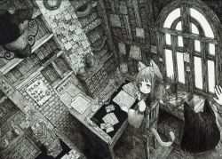 Rule 34 | 2girls, :3, absurdres, animal ears, book, book stack, cat ears, cat tail, chair, clock, closed mouth, envelope, greyscale, hanging light, highres, indoors, long hair, looking at another, monochrome, multiple girls, original, scenery, short hair, sitting, tail, usio ueda, window
