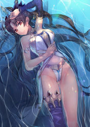 Rule 34 | 1girl, asymmetrical legwear, black bow, blue sleeves, blue thighhighs, bow, bracelet, breasts, brown hair, chung cthemax, closed mouth, detached sleeves, fate/grand order, fate (series), from above, groin, hair bow, highleg, highleg panties, highres, ishtar (fate), jewelry, long hair, long sleeves, looking at viewer, lying, medium breasts, midriff, navel, on back, panties, red eyes, single sleeve, single thighhigh, smile, solo, stomach, thighhighs, underwear, uneven legwear, very long hair, water, white panties
