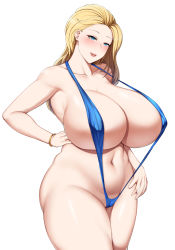 Rule 34 | 1girl, bikini, blonde hair, blue eyes, blue eyes (manga), blush, breasts, cecilia misono, cleavage, curvy, dantes ward, female focus, highres, huge breasts, long hair, looking at viewer, navel, slingshot swimsuit, solo, swimsuit, thick thighs, thighs, wide hips