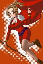Rule 34 | 1girl, ankle boots, arc the lad, arc the lad iii, belt, blush, boots, breasts, brown eyes, brown hair, cape, cleavage, collarbone, dress, halftone outline, high ponytail, jewelry, long sleeves, looking at viewer, marsia (arc the lad), medium breasts, orange background, pantyhose, pendant, ponytail, red cape, red dress, sakayaki aoi (tsuki shiro aoi), short dress, short ponytail, simple background, solo, staff