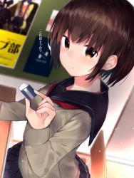 Rule 34 | 1girl, black sailor collar, black skirt, blurry, brown eyes, brown hair, chair, depth of field, dutch angle, eraser, from side, highres, holding, indoors, long sleeves, looking at viewer, looking to the side, neckerchief, neku (neku draw), pleated skirt, poster (object), red neckerchief, sailor collar, school uniform, serafuku, short hair, sitting, skirt, solo, table, translation request, upper body