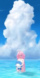 Rule 34 | 1girl, absurdres, bikini, blue archive, cloud, cloudy sky, halo, heterochromia, highres, hoshino (blue archive), hoshino (swimsuit) (blue archive), inflatable toy, inflatable whale, lifexe, long hair, low twintails, ocean, official alternate hairstyle, partially submerged, pink hair, sky, smile, solo, swimsuit, twintails, wading
