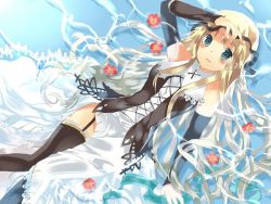 Rule 34 | 1girl, black pantyhose, black ribbon, blonde hair, blue eyes, breasts, contrapposto, corset, dress, enkyo yuuichirou, floating hair, full body, hair ribbon, holding, holding sword, holding weapon, long hair, looking at viewer, medium breasts, pantyhose, parted bangs, puffy sleeves, ribbon, simple background, solo, sword, two-handed, very long hair, weapon, white background, yggdra union, yggdra yuril artwaltz