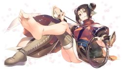 Rule 34 | 1girl, ainu clothes, amazuyu tatsuki, animal ears, aquaplus, ass, boots, breasts, brown hair, crossed legs, double bun, dress, eyes visible through hair, feet, from below, from side, grin, hair between eyes, hair bun, high boots, highres, holding, holding weapon, holding whip, kamuchataal, knees up, large breasts, official art, open mouth, orange eyes, scarf, sitting, smile, tail, teeth, thighs, transparent background, utawarerumono, utawarerumono: lost flag, weapon, whip