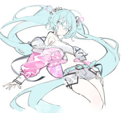 Rule 34 | 1girl, belt, blue eyes, blue hair, chyoel, closed mouth, hatsune miku, highres, jacket, long hair, looking at viewer, matching hair/eyes, pink jacket, shorts, sketch, solo, twintails, very long hair, vocaloid, white background
