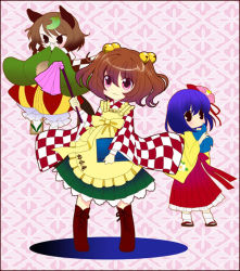 Rule 34 | 3girls, animal ears, apron, bell, bloomers, blue hair, book, boots, brown eyes, brown hair, character name, checkered clothes, checkered kimono, cleaning, clothes writing, cross-laced footwear, duster, female focus, floral print, flower, futatsuiwa mamizou, glasses, hair bell, hair flower, hair ornament, hieda no akyuu, hishi (pattern), japanese clothes, kimono, lace-up boots, leaf, leaf on head, masuyama kei, motoori kosuzu, multiple girls, object on head, orange hair, pince-nez, pink eyes, raccoon ears, sandals, scarf, short hair, touhou, underwear, wide sleeves