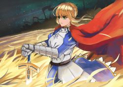 Rule 34 | 1girl, ahoge, armor, armored dress, artoria pendragon (fate), bad id, bad pixiv id, blonde hair, cape, dress, excalibur (fate/stay night), fate/zero, fate (series), fire, green eyes, hand on hilt, hands on hilt, saber (fate), short hair, solo, sword, weapon, yin2929