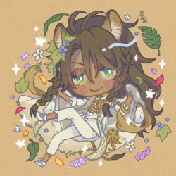 1boy animal_ears ashnnk braid brown_hair chibi dark-skinned_male dark_skin full_body green_eyes leona_kingscholar lion_boy lion_ears lion_tail long_hair looking_at_viewer male_focus orange_background shawl smile solo tail twin_braids twisted_wonderland