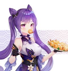 Rule 34 | 1girl, absurdres, bare shoulders, blush, bow, breasts, chopsticks, detached sleeves, double bun, food, food in mouth, food on face, frilled sleeves, frills, genshin impact, gloves, hair bow, hair bun, highres, keqing (genshin impact), looking at viewer, medium breasts, miyako draw, plate, shrimp, solo, upper body