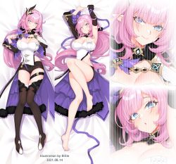 Rule 34 | 1girl, armpits, arms up, asymmetrical clothes, billie (meng gong fang), black gloves, black shorts, blue eyes, blunt bangs, breasts, cleavage, dakimakura (medium), dated, elysia (honkai impact), elysia (miss pink elf) (honkai impact), gloves, honkai (series), honkai impact 3rd, large breasts, long hair, looking at viewer, multiple views, pink hair, pointy ears, shorts, single glove, smile, tagme, thigh strap, thighhighs, very long hair
