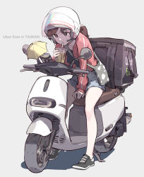 Rule 34 | 1girl, backpack, bag, black footwear, black shirt, blue shorts, brown eyes, brown hair, cellphone, drinking, english text, full body, green bag, grey background, helmet, highres, jacket, looking at phone, motor vehicle, motorcycle, motorcycle helmet, original, phone, pink jacket, ponytail, scooter, shirt, shoes, shorts, simple background, smartphone, sneakers, solo, taiwan, tennohi, uber eats, vehicle focus