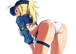 Rule 34 | 1girl, :o, ahoge, artoria pendragon (fate), ass, baseball cap, bent over, bikini, blue eyes, blue hat, blue ribbon, blush, breasts, fate/grand order, fate (series), from behind, hair between eyes, hand on own thigh, hat, highres, kawaruhi, large breasts, long hair, long sleeves, looking at viewer, looking back, mysterious heroine x (fate), mysterious heroine xx (fate), open mouth, profile, ribbon, shiny skin, shrug (clothing), side-tie bikini bottom, sideboob, simple background, skindentation, solo, swimsuit, thigh strap, white background, white bikini