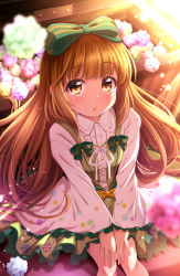 Rule 34 | 1girl, :o, blue flower, blunt bangs, blush, bow, brown eyes, brown hair, commentary request, dress, flower, green bow, green dress, green flower, hair bow, hands on own thighs, idolmaster, idolmaster cinderella girls, long hair, long sleeves, looking at viewer, parted lips, pleated dress, purple flower, shirt, sleeveless, sleeveless dress, sleeves past wrists, solo, striped, striped bow, sui. (ayase), very long hair, white shirt, wide sleeves, yellow flower, yorita yoshino