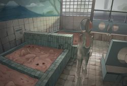 Rule 34 | 3others, bathhouse, black eyes, blush stickers, closed eyes, face, faucet, foreshortening, full body, indoors, mirror, multiple others, mural, original, refraction, role reversal, smile, standing, tensen (dotted line), tile, tile floor, tile wall, tiles, water, what, window